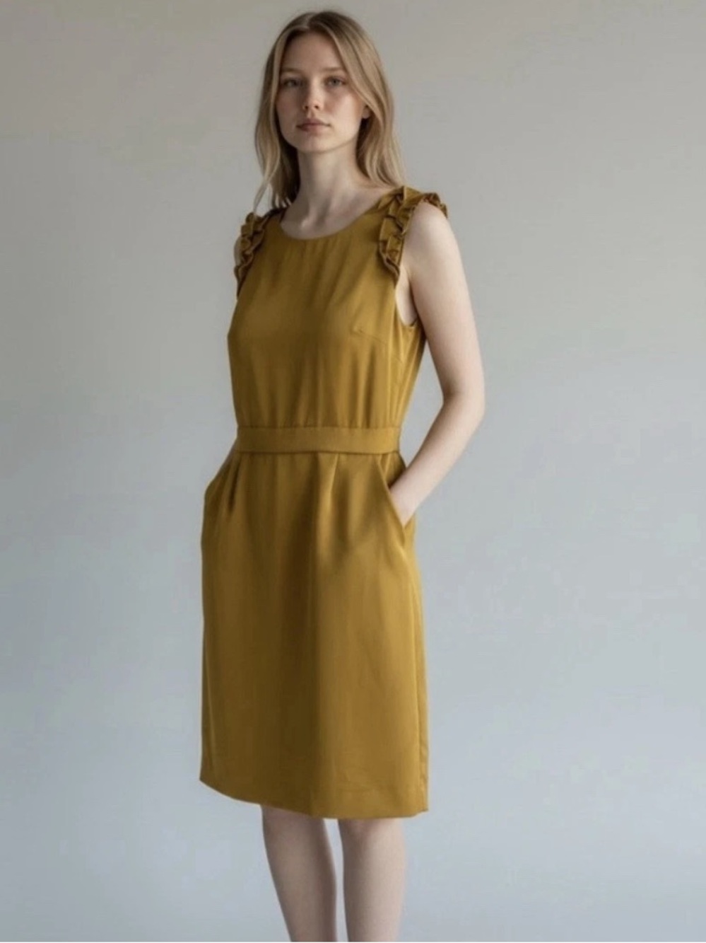 Elie Tahari Ruffle Sleeve Silk Blend Sheath Dress Mustard Yellow Size 0